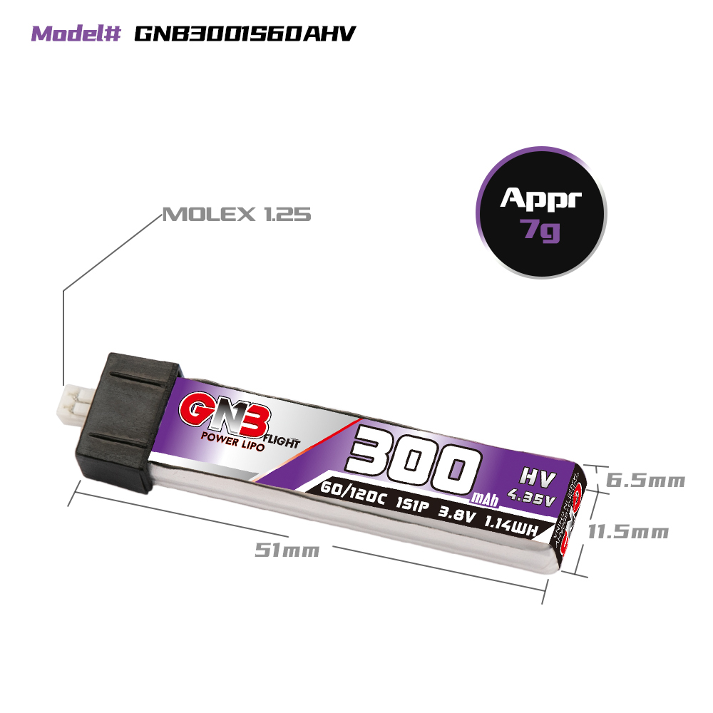 4PCS - GAONENG GNB LiHV 1S 3.8V 300mAh 60C Molex1.25 Plastic Head LiPo Battery