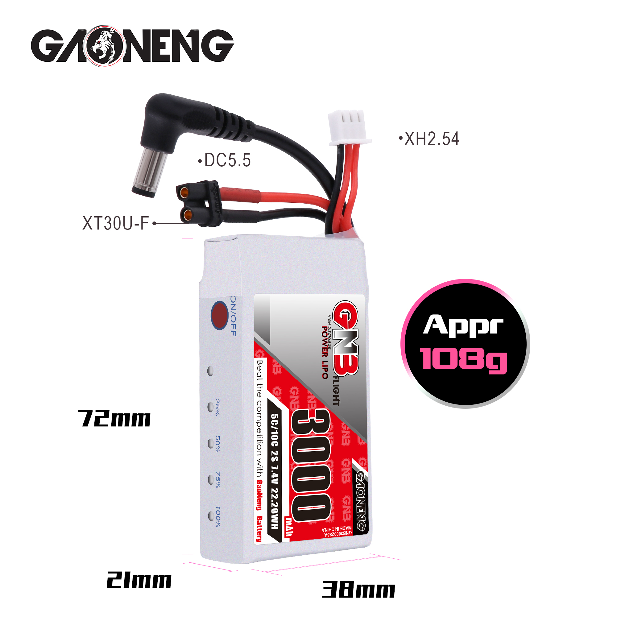 2PCS - GAONENG GNB 2S 7.4V 3000mAh 5C LiPo Battery DC5.5 XT30