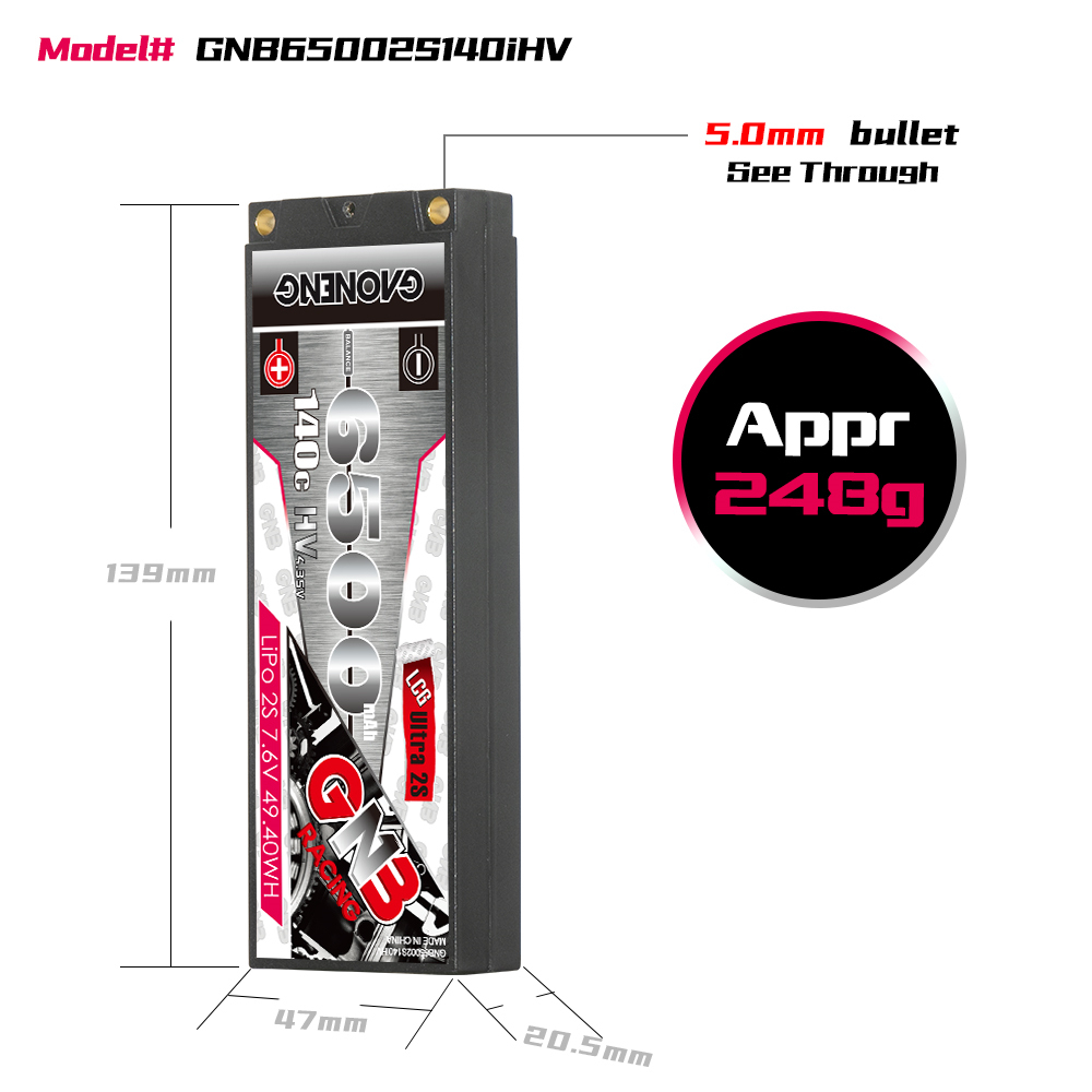 1PC - GAONENG GNB LiHV 2S 7.6V 6500mAh 140C 5mm Hard Case Ultra LCG LiPo Battery XT60