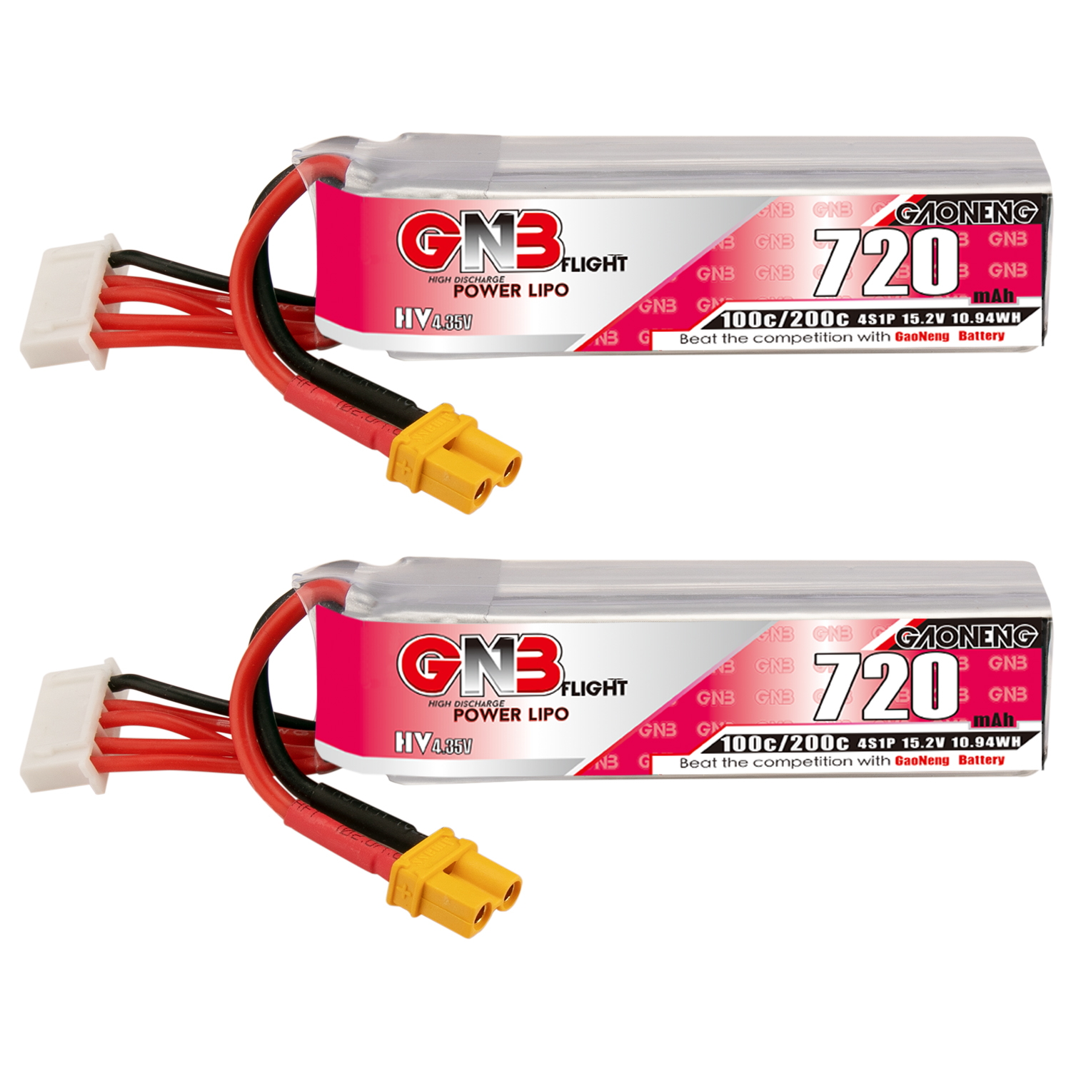 2PCS - GAONENG GNB LiHV 4S 15.2V 720mAh 100C XT30 LiPo Battery Long Type