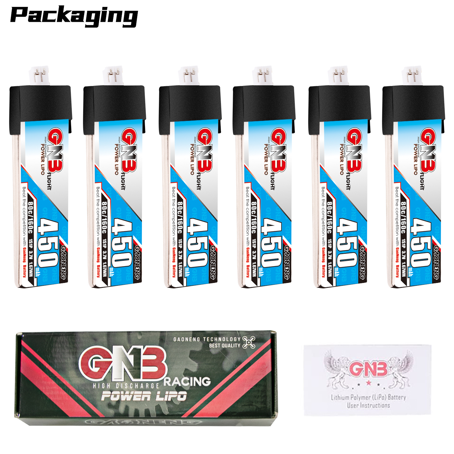 GAONENG GNB 1S 3.7V 450mAh 80C PH2.0 Plastic Head LiPo Battery Long Type