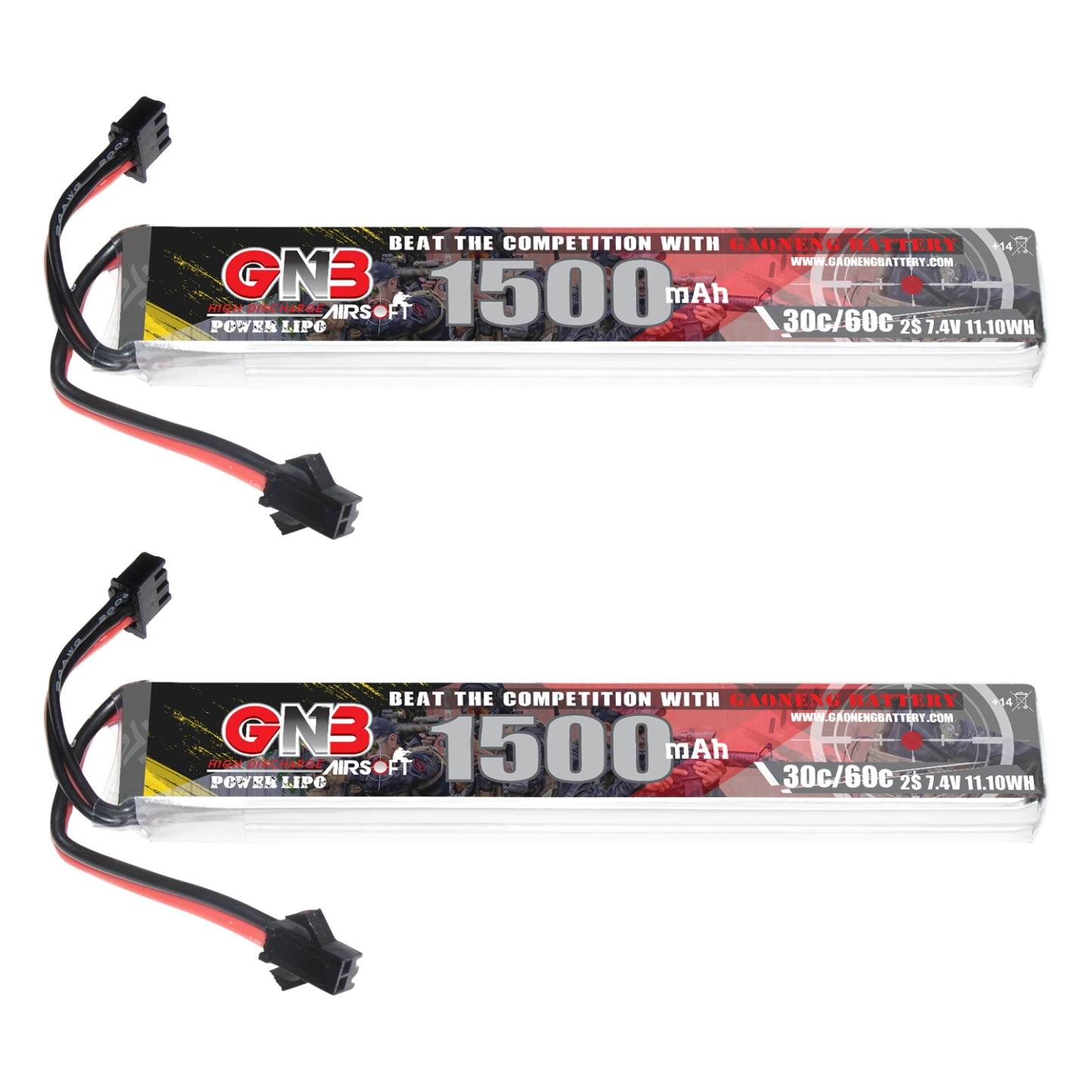 2PCS - GAONENG GNB 2S 7.4V 1500mAh 30C SM Plug LiPo Battery for AirSoft
