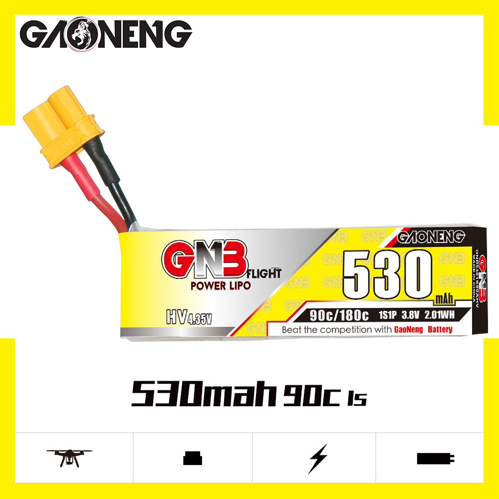 4PCS - GAONENG GNB LiHV 1S 3.8V 530mAh 90C XT30 Cabled LiPo Battery