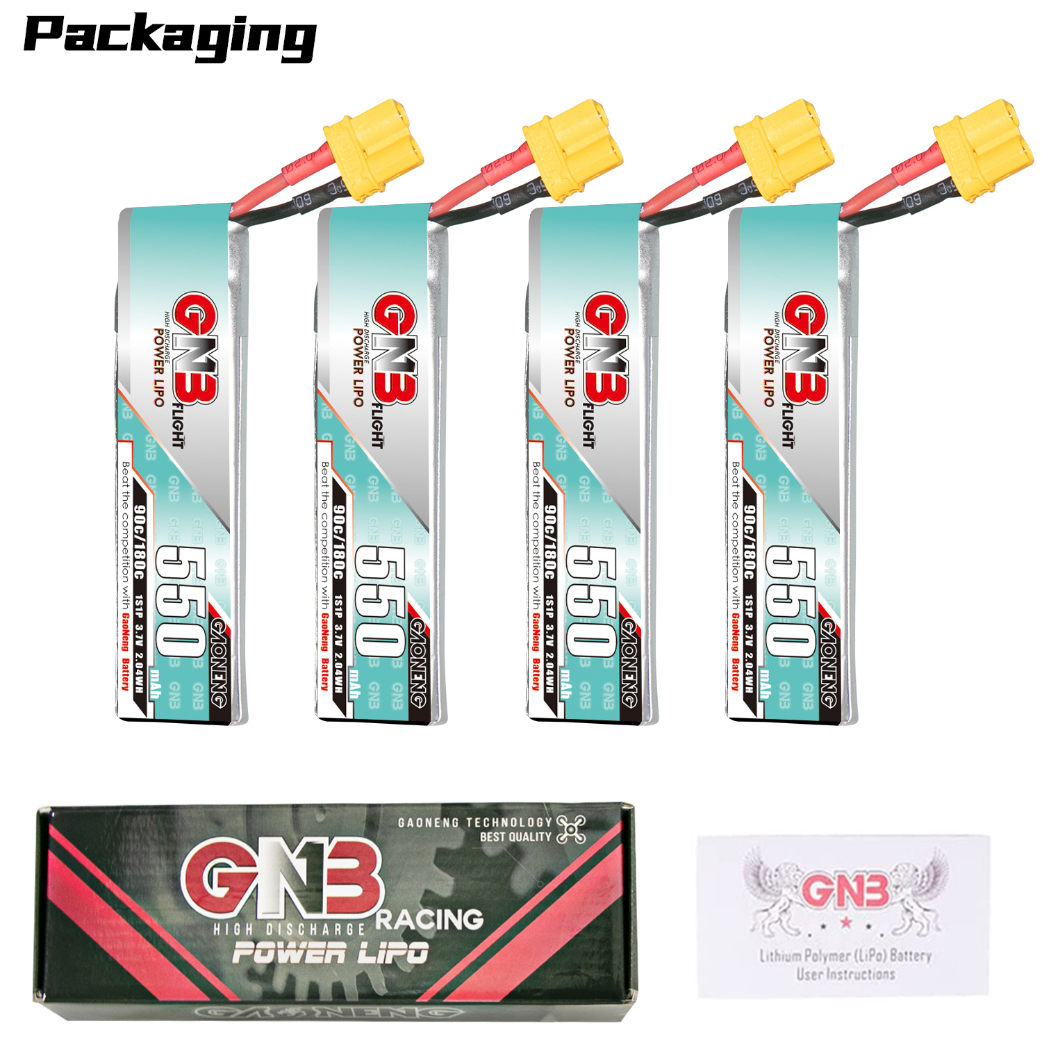 4PCS - GAONENG GNB 1S 3.7V 550mAh 90C XT30 Cabled LiPo Battery