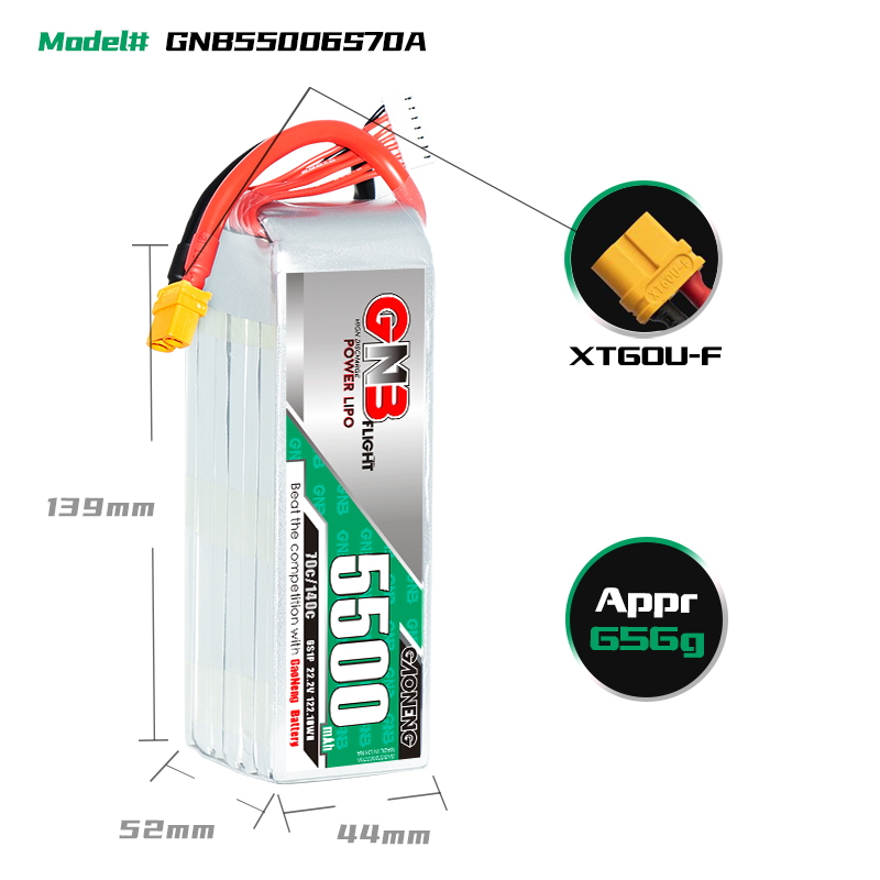 1PC - GAONENG GNB 6S 22.2V 5500mAh 70C LiPo Battery XT60