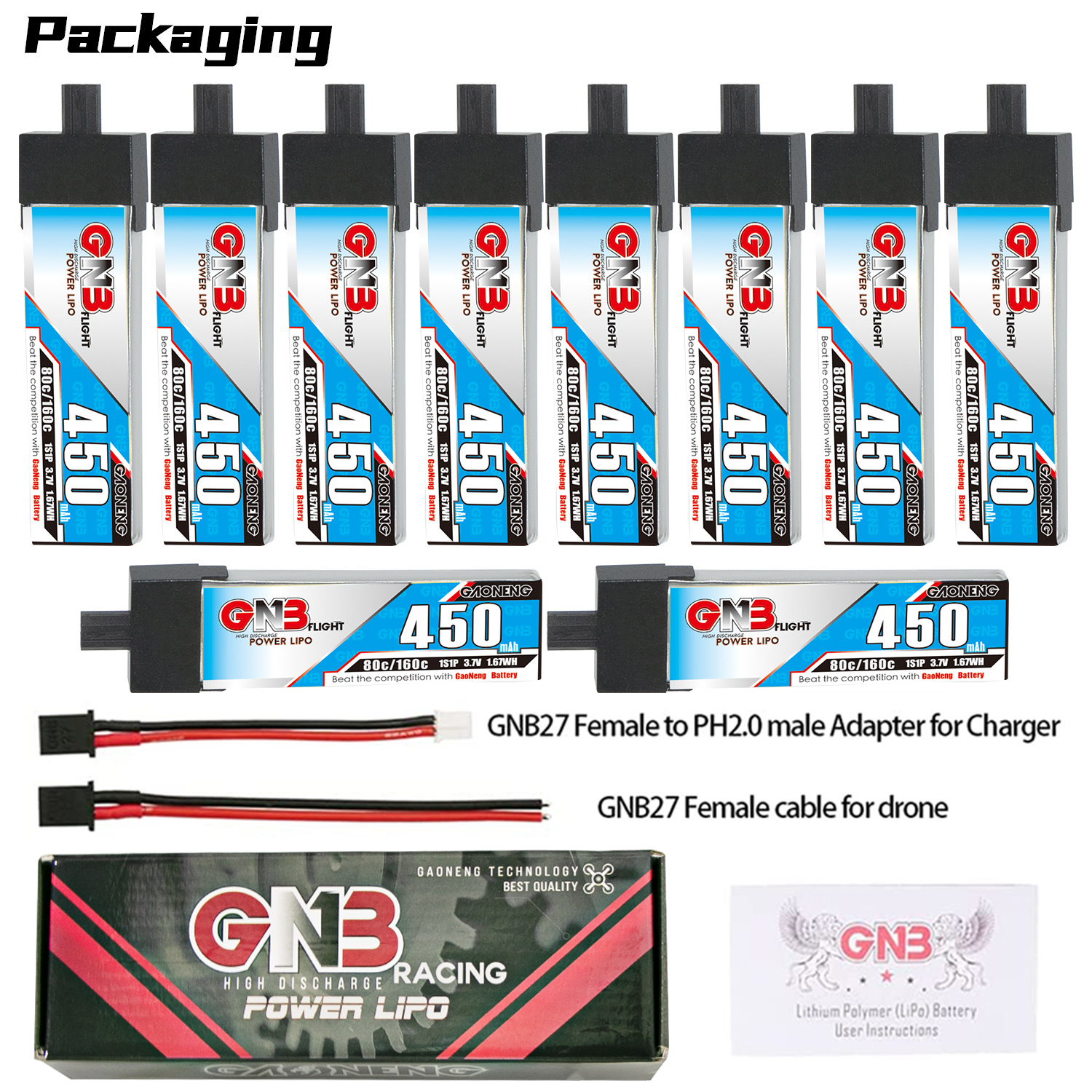 GAONENG GNB 1S 3.7V 450mAh 80C GNB27 Plastic Head LiPo Battery Long Type