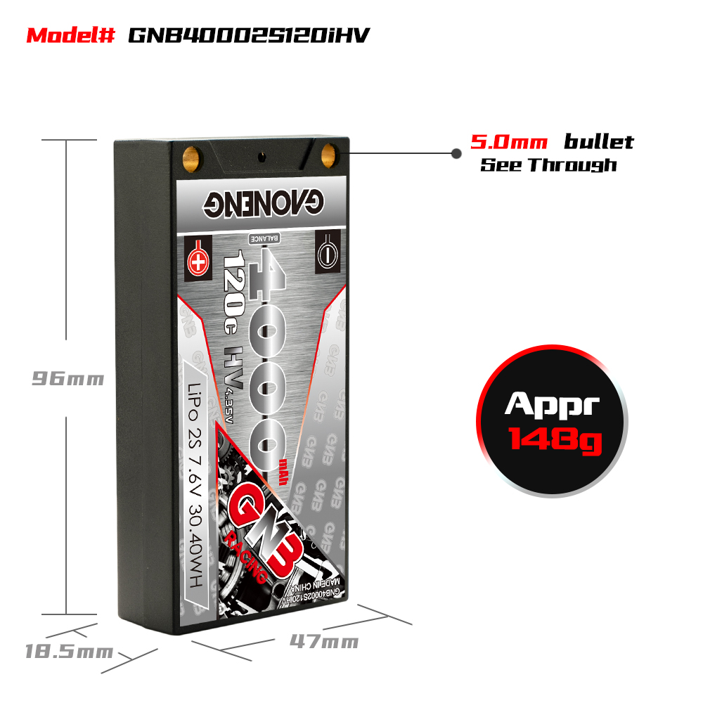 1PCS - GAONENG GNB LiHV 2S 7.6V 4000mAh 120C LCG Shorty Hard Case LiPo Battery T-Plug