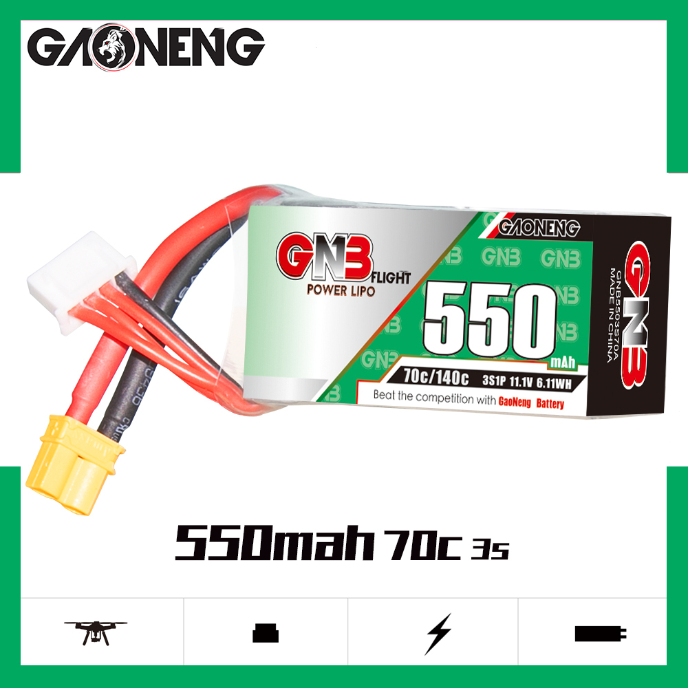 2PCS - GAONENG GNB 3S 11.1V 550mAh 70C XT30 LiPo Battery