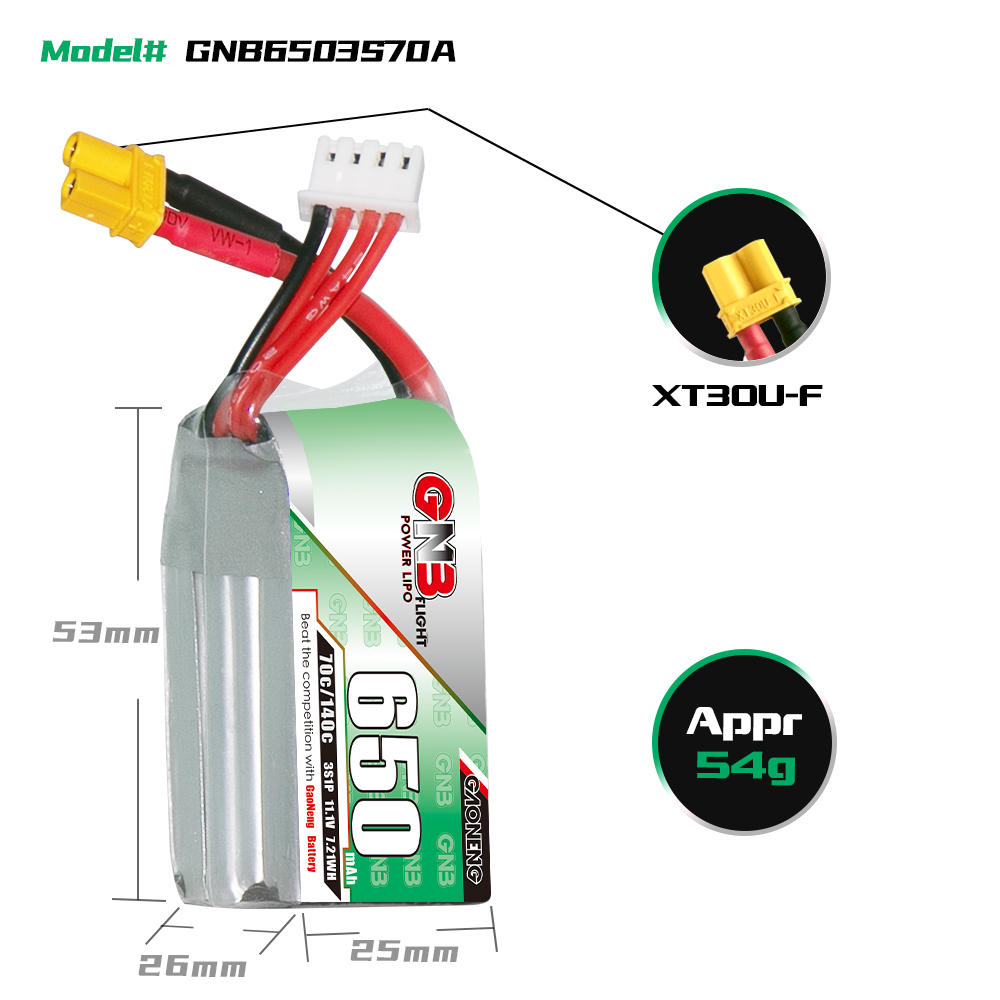 2PCS - GAONENG GNB 3S 11.1V 650mAh 70C XT30 LiPo Battery