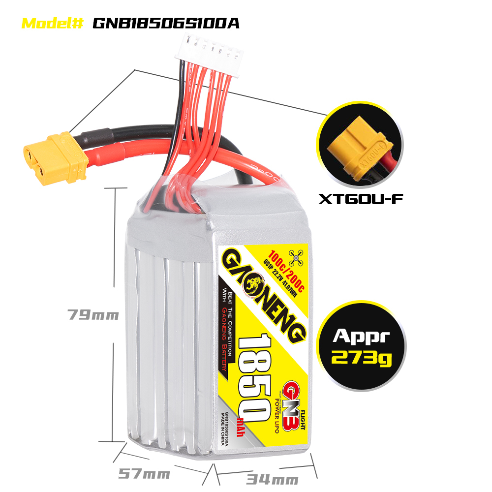 2PCS - GAONENG GNB 6S 22.2V 1850mAh 100C XT60 LiPo Battery