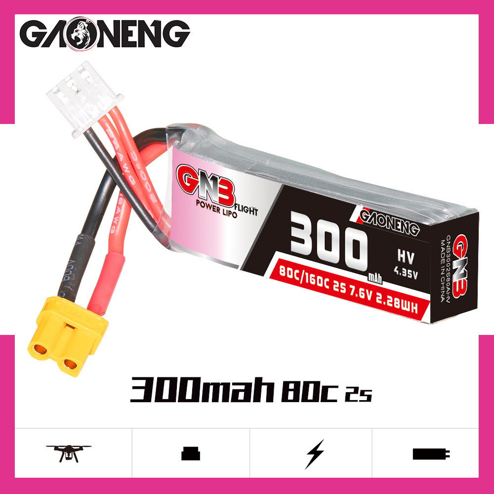 4PCS - GAONENG GNB LiHV 2S 7.6V 300mAh 80C XT30 LiPo Battery
