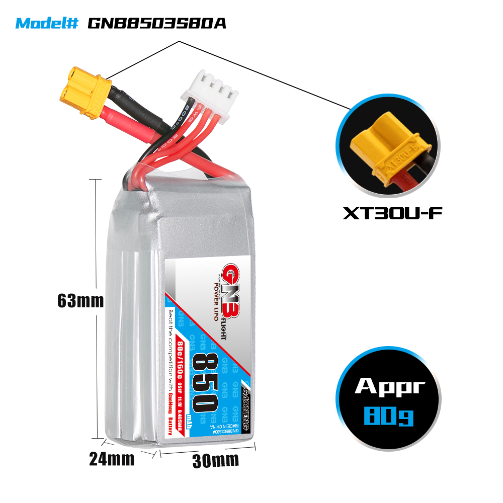 2PCS - GAONENG GNB 3S 11.1V 850mAh 80C XT30 LiPo Battery