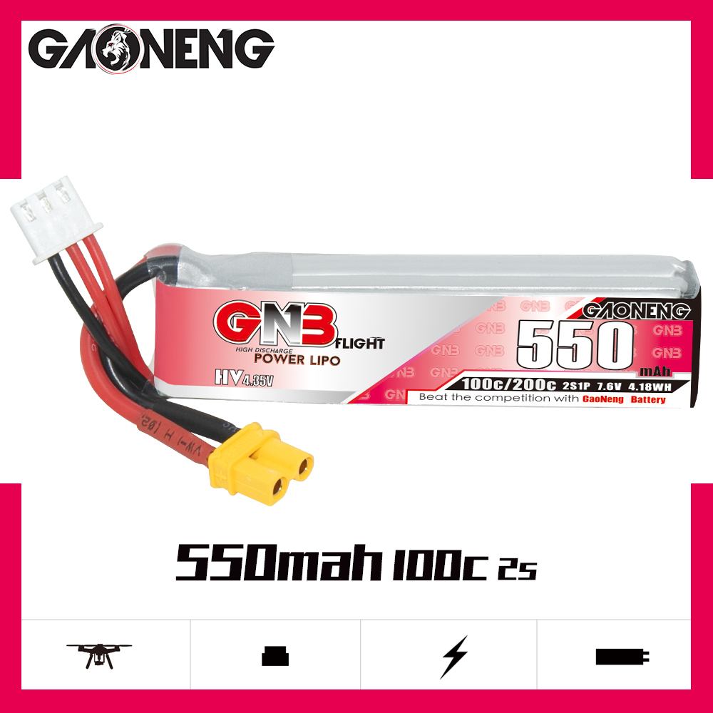 4PCS - GAONENG GNB LiHV 2S 7.6V 550mAh 100C XT30 LiPo Battery