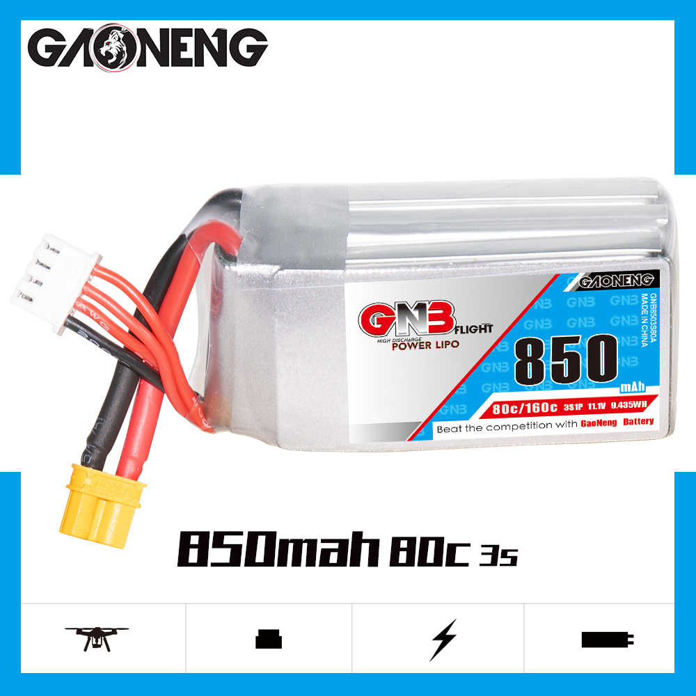 2PCS - GAONENG GNB 3S 11.1V 850mAh 80C XT30 LiPo Battery
