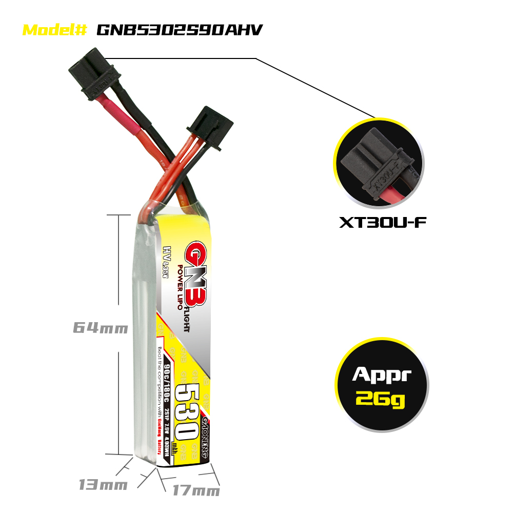 4PCS - GAONENG GNB LiHV 2S 7.6V 530mAh 90C XT30 LiPo Battery