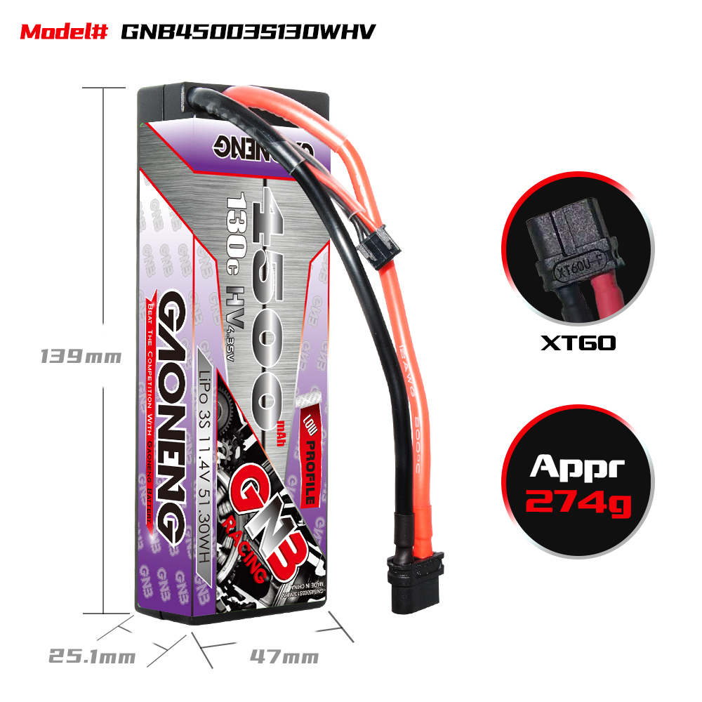 1PC - GAONENG GNB LiHV 3S 11.4V 4500mAh 130C LCG Cabled Hard Case LiPo Battery XT60