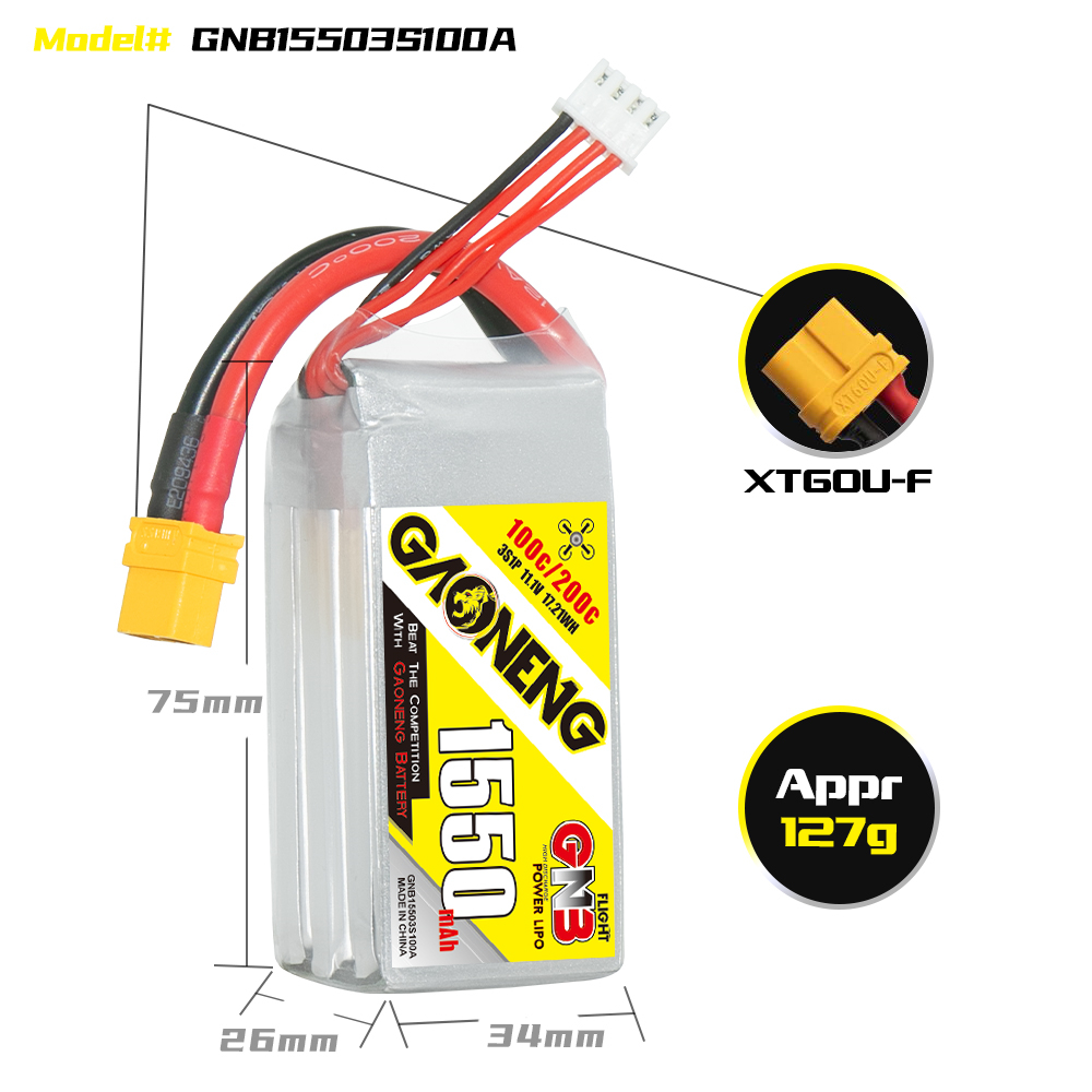 2PCS - GAONENG GNB 3S 11.1V 1550mAh 100C XT60 LiPo Battery
