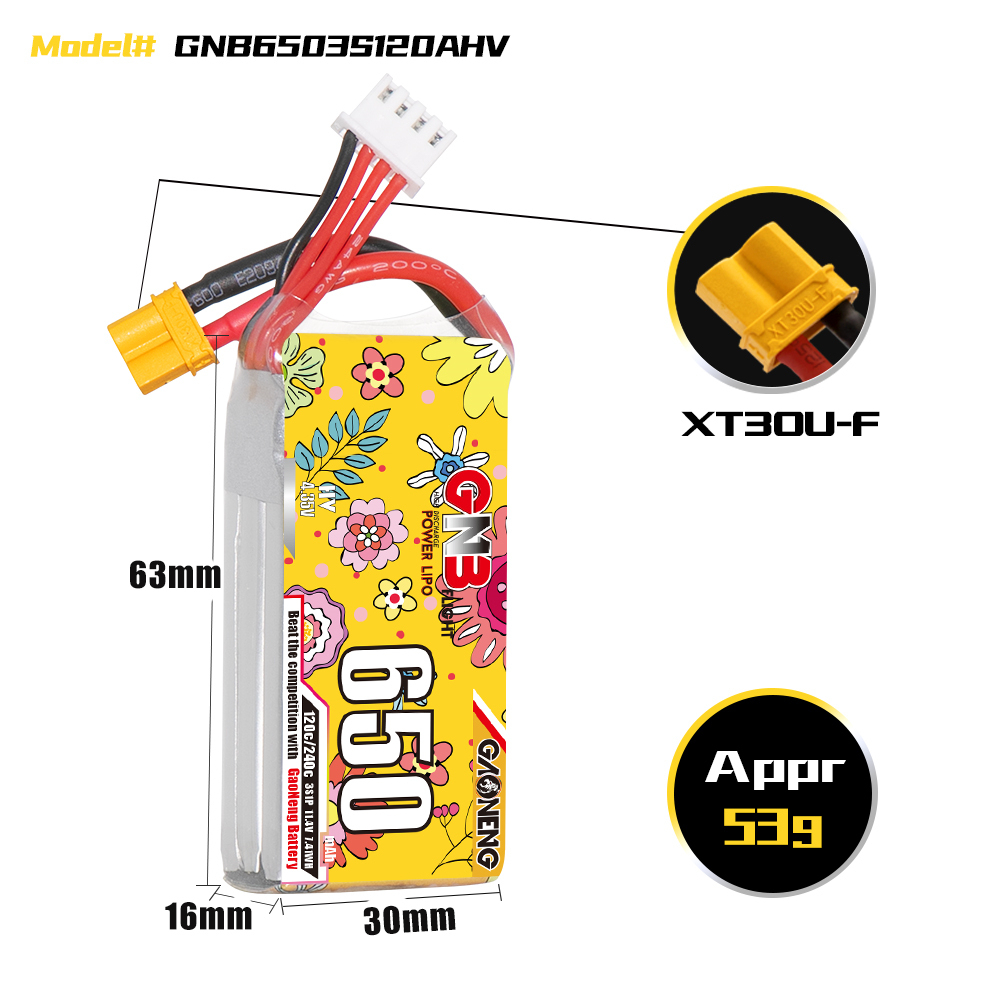 2PCS - GAONENG GNB LiHV 3S 11.4V 650mAh 120C XT30 LiPo Battery