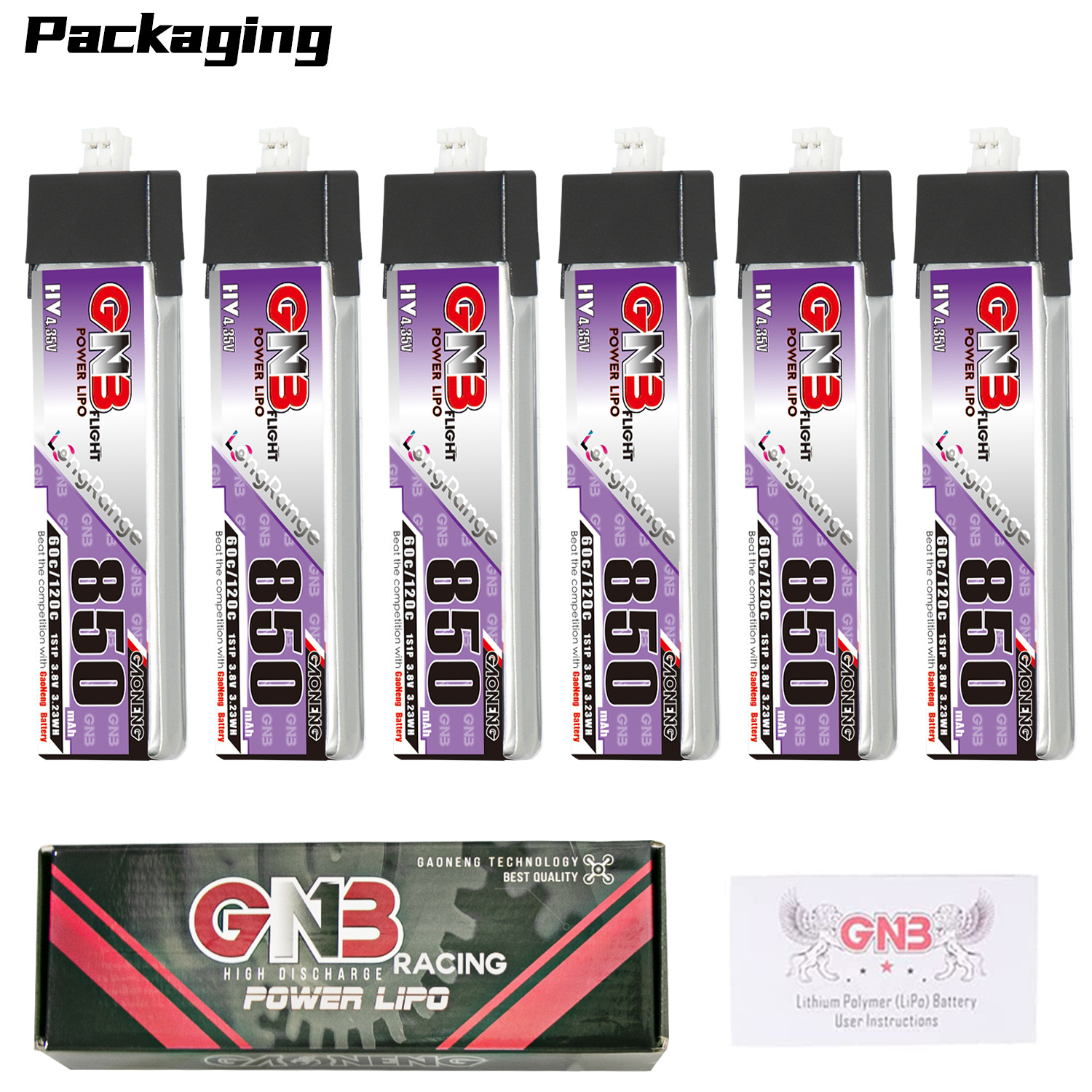 GAONENG GNB LiHV 1S 3.8V 850mAh 60C PH2.0 Plastic Head LiPo Battery Long Range