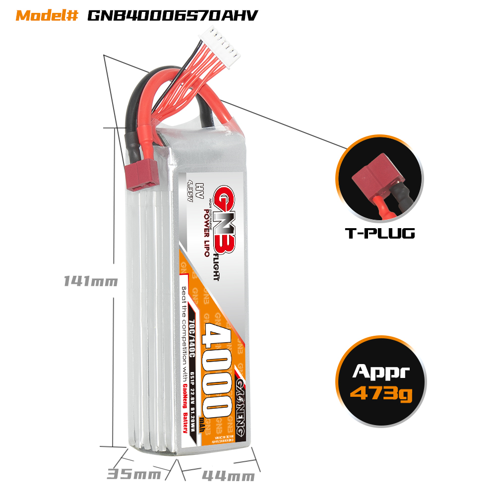 Gaoneng Gnb Lihv 6s 22.8v 4000mah 70c T-plug Lipo Battery Car Boat Drone