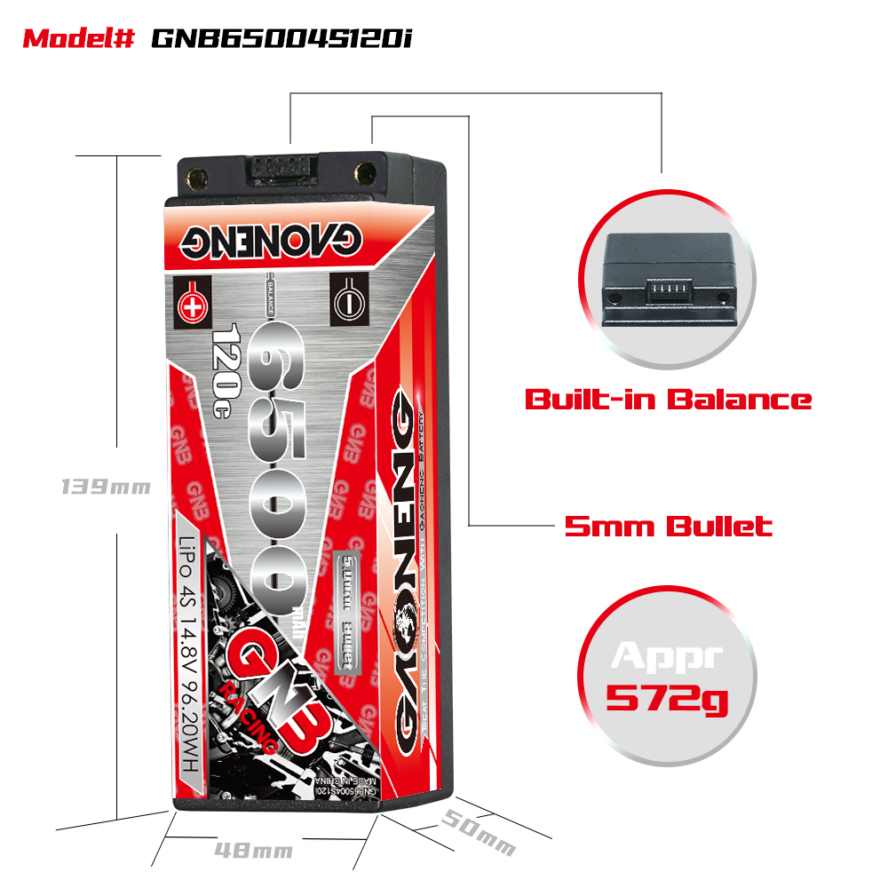 1PC - GAONENG GNB 4S 14.8V 6500mAh 120C 5mm Bullet Hard Case LiPo Battery T-PLUG