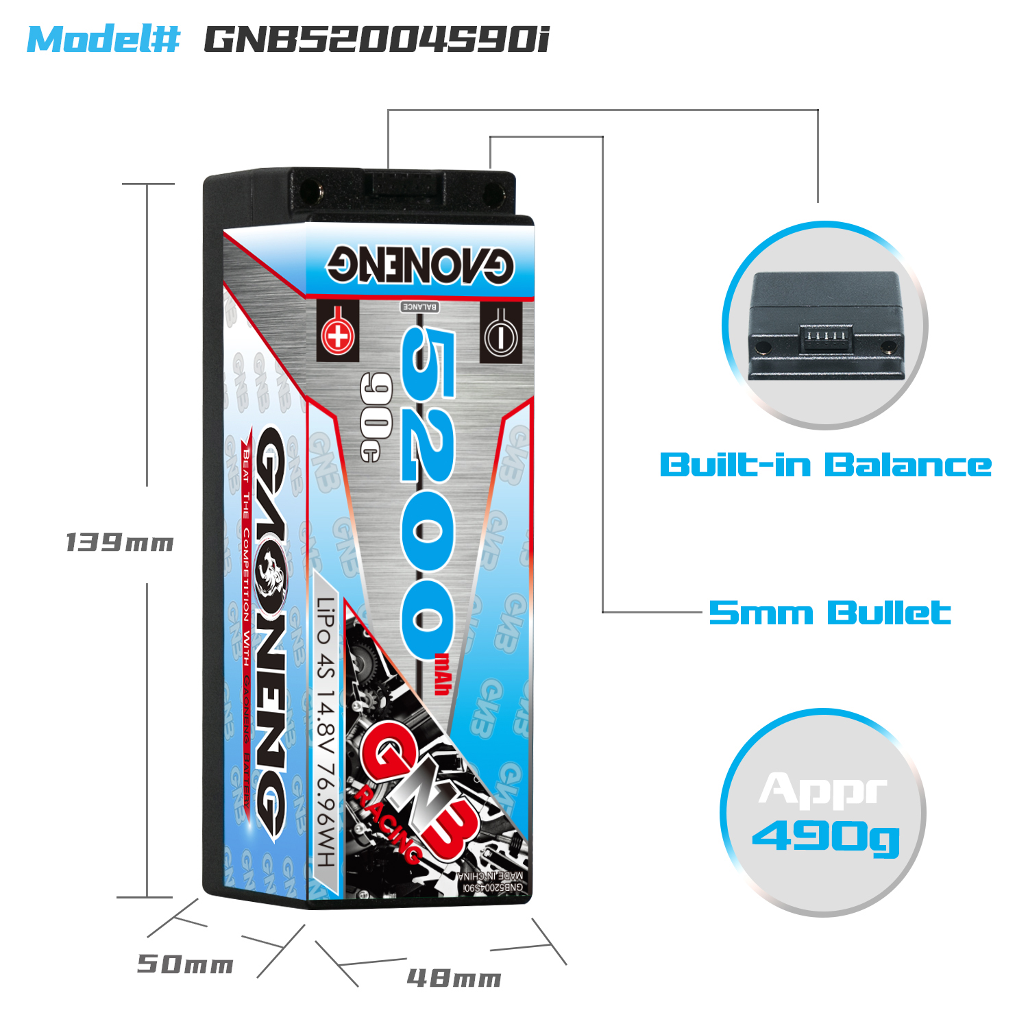 GAONENG GNB 4S 14.8V 5200mAh 90C 5mm Bullet Hard Case LiPo Battery