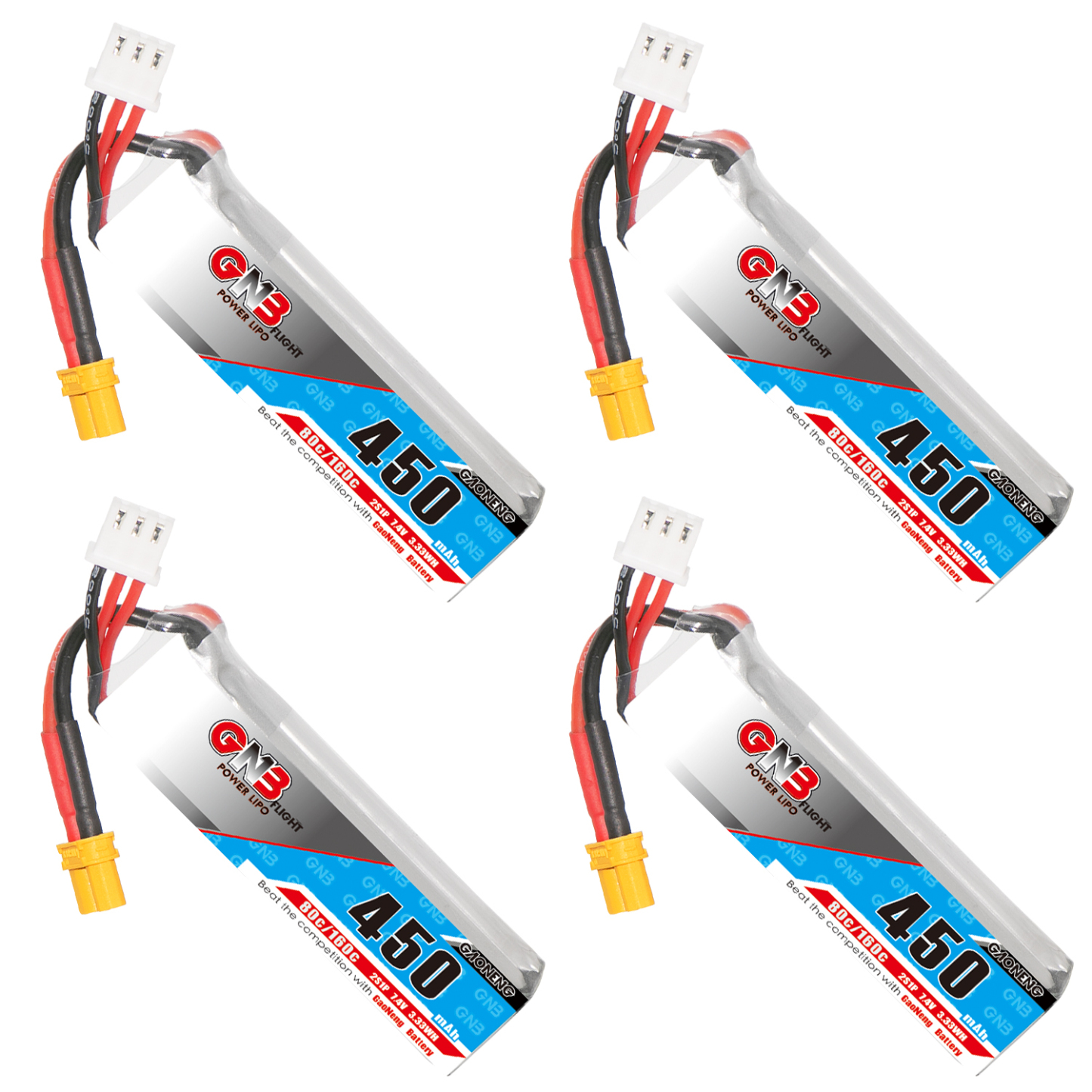 4PCS - GAONENG GNB 2S 7.4V 450mAh 80C XT30 LiPo Battery Long Type