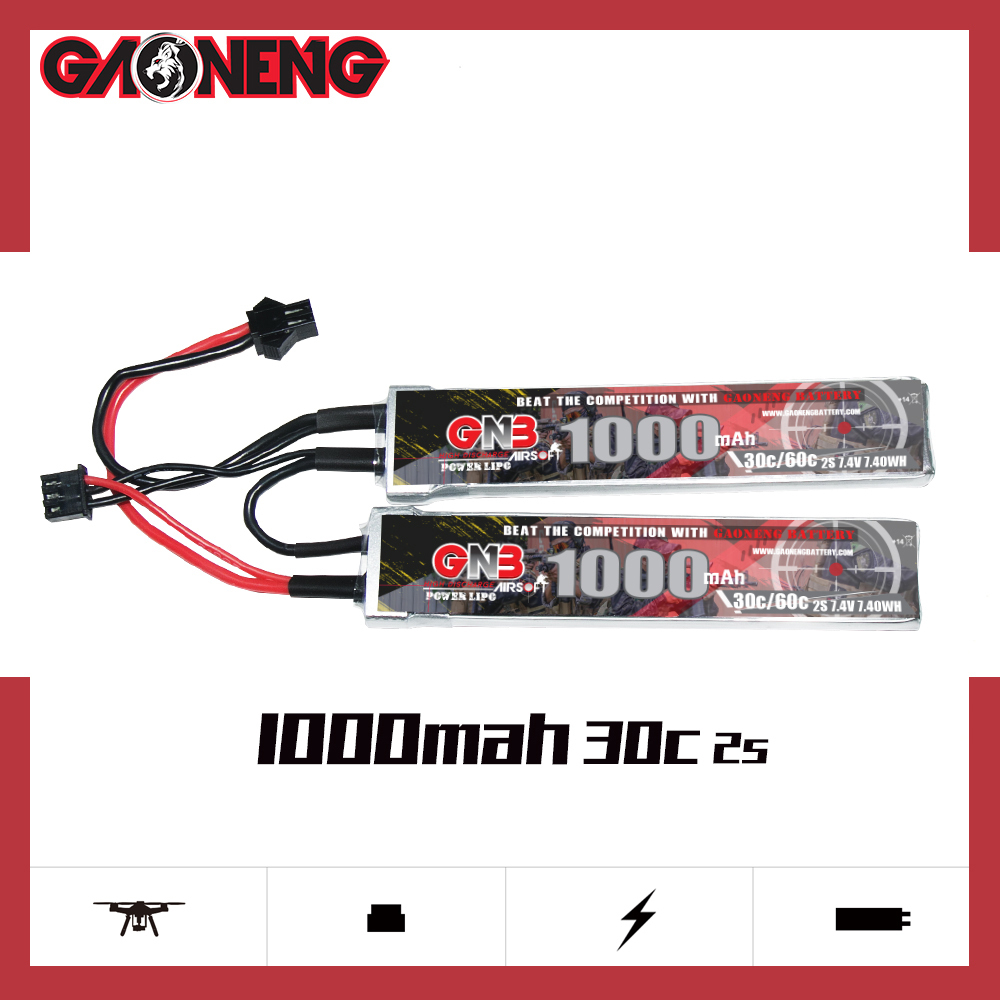 2PCS - GAONENG GNB 2S 7.4V 1000mAh 30C SM Plug 2cells LiPo Battery for AirSoft