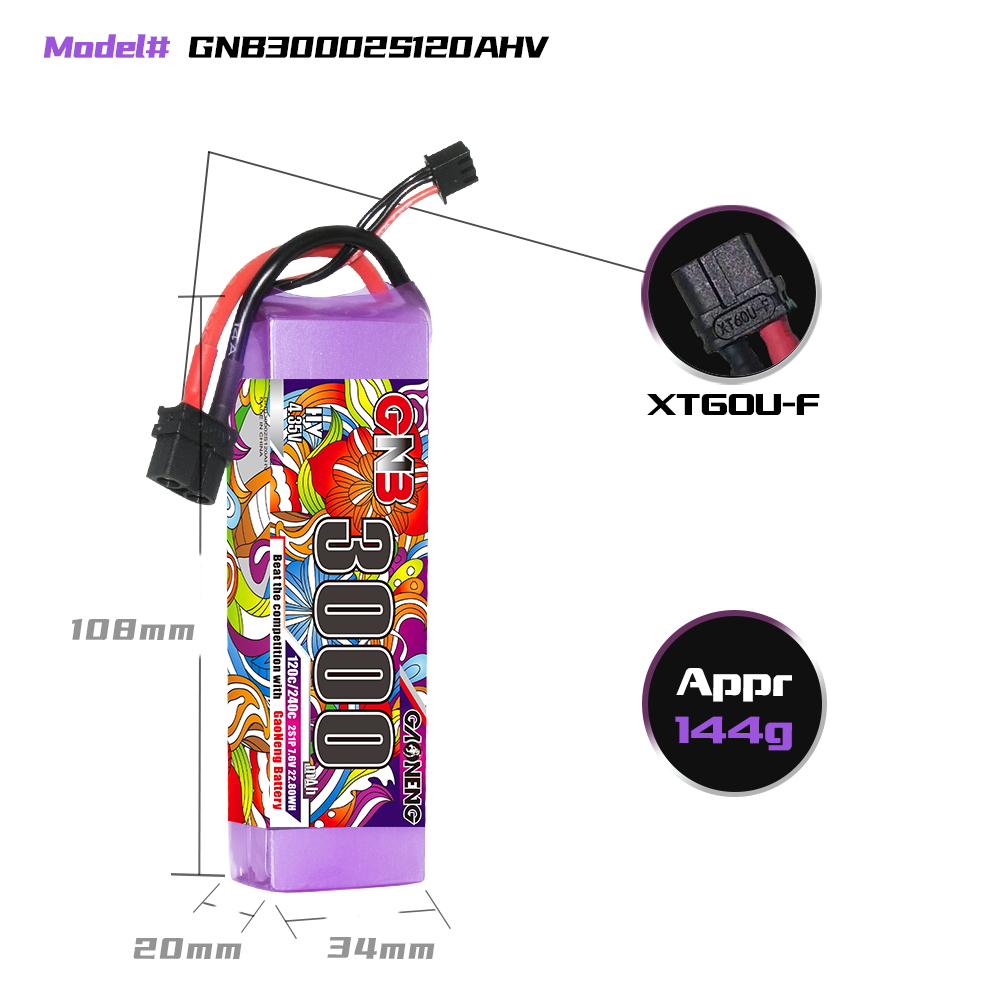 GAONENG GNB LiHV 2S 7.6V 3000mAh 120C LiPo Battery XT60 Connector