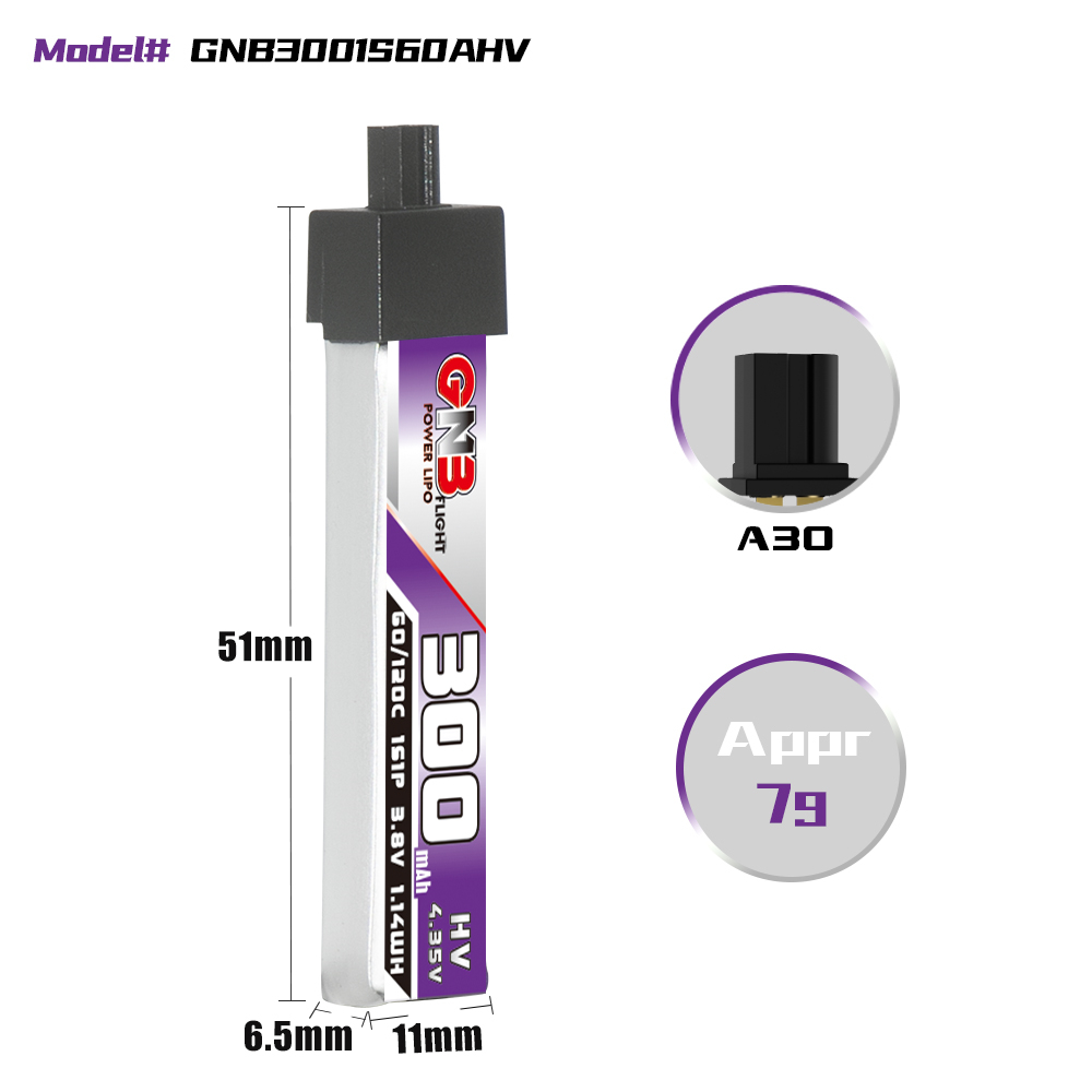 GAONENG GNB LiHV 1S 3.8V 300mAh 60C A30 Plastic Head LiPo Battery