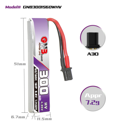 GAONENG GNB LiHV 1S 3.8V 300mAh 60C A30 Cabled LiPo Battery
