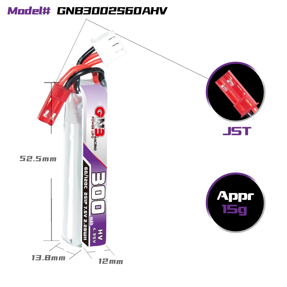 GAONENG GNB LiHV 2S 7.6V 300mAh 60C JST LiPo Battery