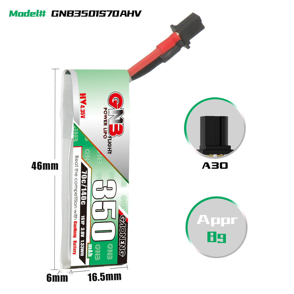 GAONENG GNB LiHV 1S 3.8V 350mAh 70C A30 Cabled LiPo Battery