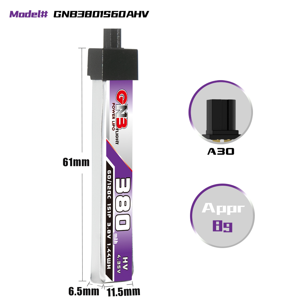 GAONENG GNB LiHV 1S 3.8V 380mAh 60C A30 Plastic Head LiPo Battery