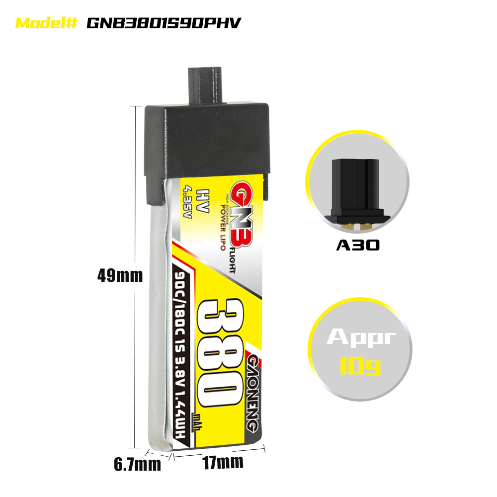 GAONENG GNB LiHV 1S 3.8V 380mAh 90C A30 Plastic Head LiPo Battery
