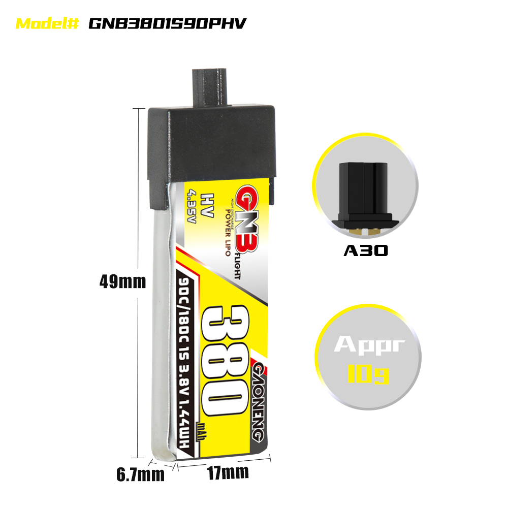 GAONENG GNB LiHV 1S 3.8V 380mAh 90C A30 Plastic Head LiPo Battery