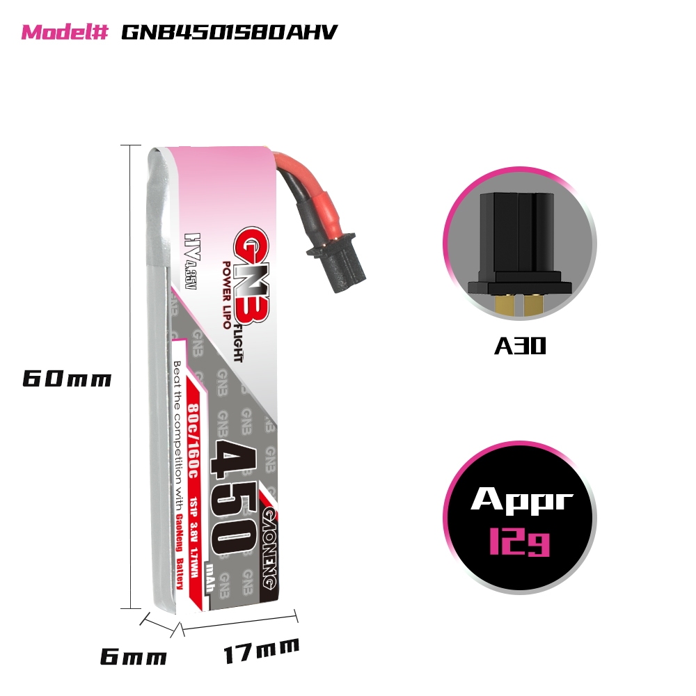 GAONENG GNB LiHV 1S 3.8V 450mAh 80C A30 Cabled LiPo Battery