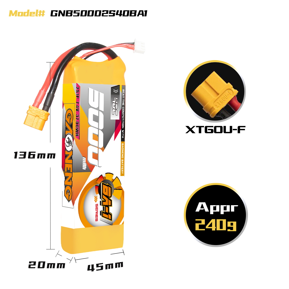 GAONENG GNB BA-1 Series 2S 7.4V 5000mAh 40C LiPo Battery XT60