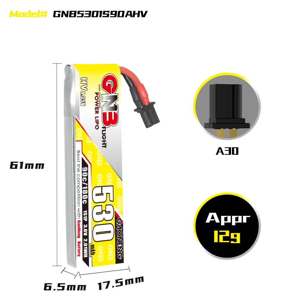GAONENG GNB LiHV 1S 3.8V 530mAh 90C A30 Cabled LiPo Battery