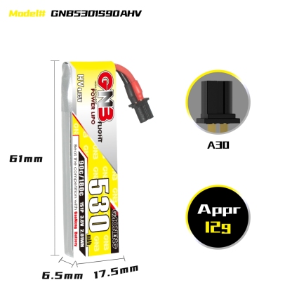 GAONENG GNB LiHV 1S 3.8V 530mAh 90C A30 Cabled LiPo Battery
