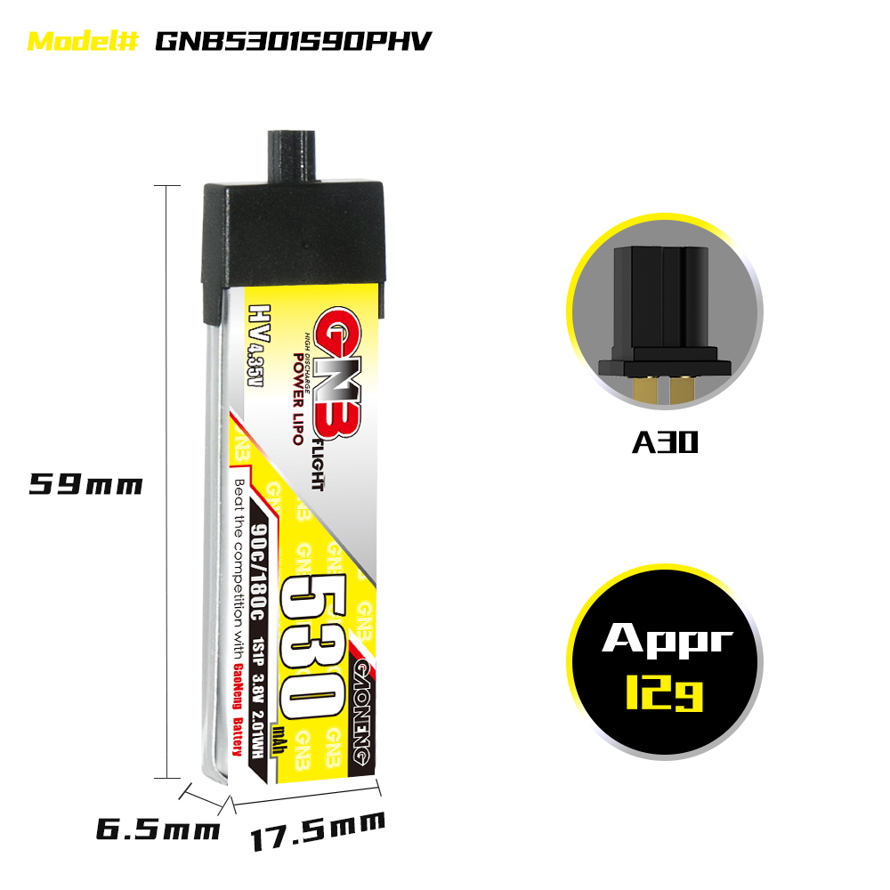GAONENG GNB LiHV 1S 3.8V 530mAh 90C A30 Plastic Head LiPo Battery