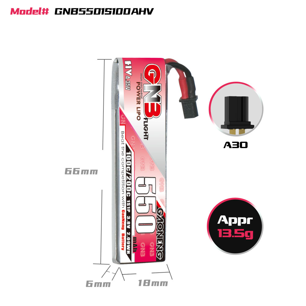 GAONENG GNB LiHV 1S 3.8V 550mAh 100C A30 Cabled LiPo Battery
