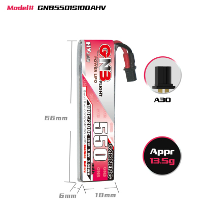 GAONENG GNB LiHV 1S 3.8V 550mAh 100C A30 Cabled LiPo Battery