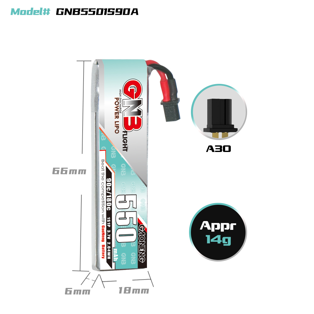 GAONENG GNB 1S 3.7V 550mAh 90C A30 Cabled LiPo Battery Long Type