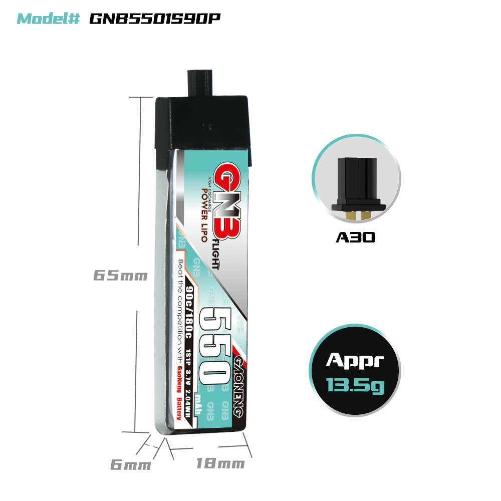 GAONENG GNB 1S 3.7V 550mAh 90C A30 Plastic Head LiPo Battery