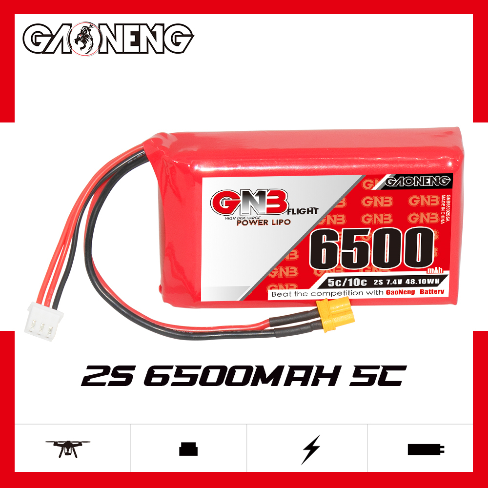 2PCS - GAONENG GNB 2S 7.4V 6500mAh 5C LiPo Battery XT30 for Radiomaster Boxer