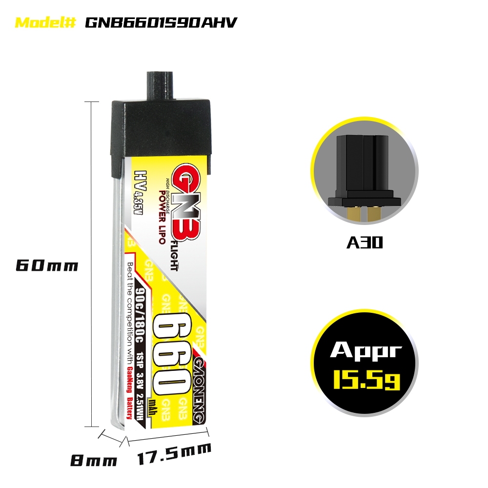 GAONENG GNB LiHV 1S 3.8V 660mAh 90C A30 Plastic Head LiPo Battery
