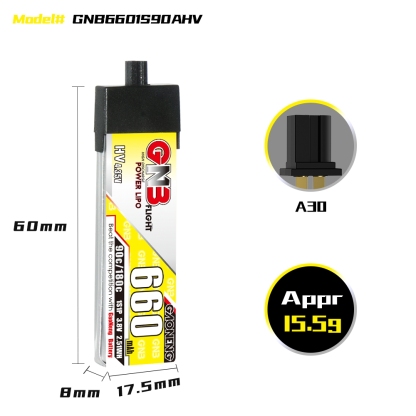 GAONENG GNB LiHV 1S 3.8V 660mAh 90C A30 Plastic Head LiPo Battery