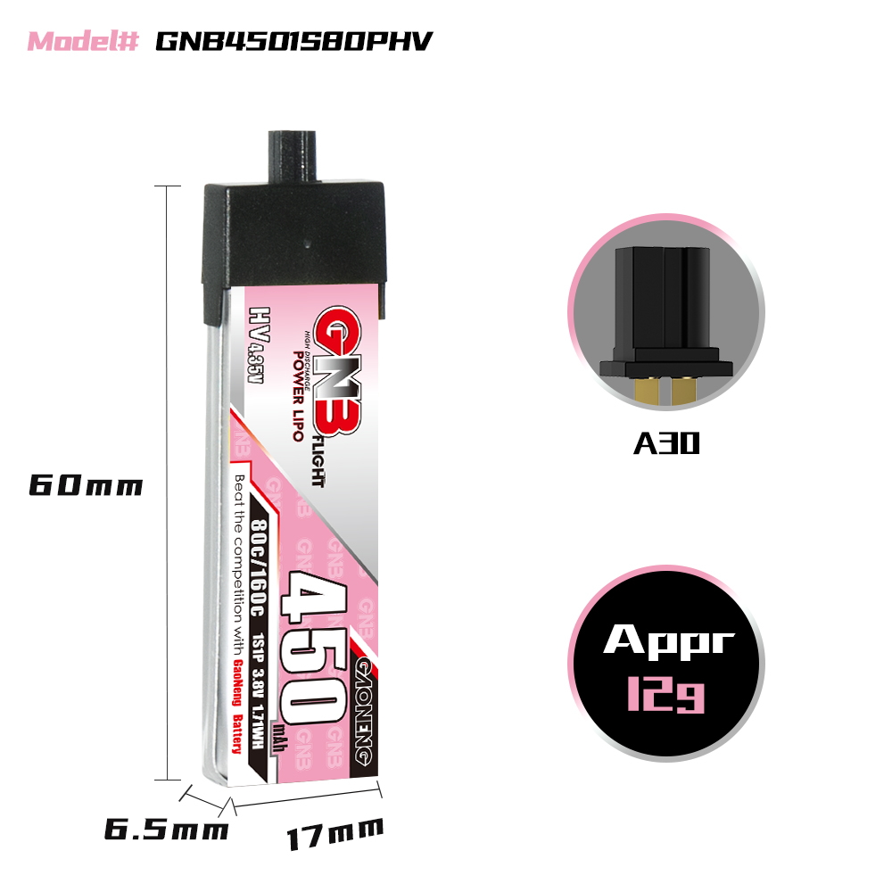 GAONENG GNB LiHV 1S 3.8V 450mAh 80C A30 Plastic Head LiPo Battery