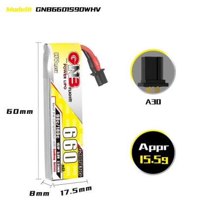 GAONENG GNB LiHV 1S 3.8V 660mAh 90C A30 Cabled LiPo Battery